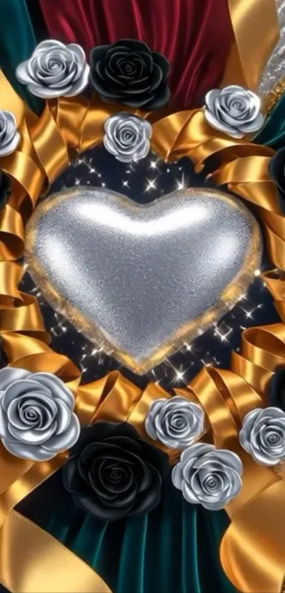 Elegant silver heart with roses and ribbons wallpaper.
