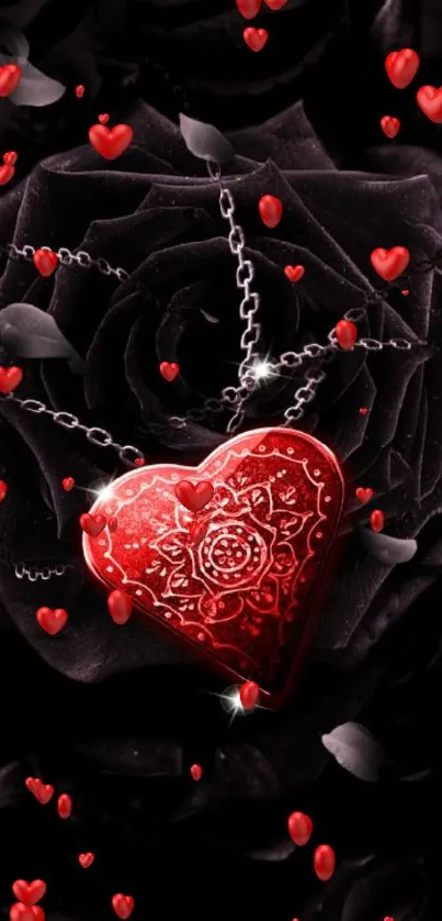 Red heart pendant with black roses wallpaper.