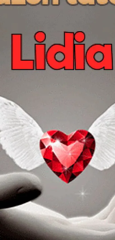 Red heart with angel wings on gray mobile wallpaper.