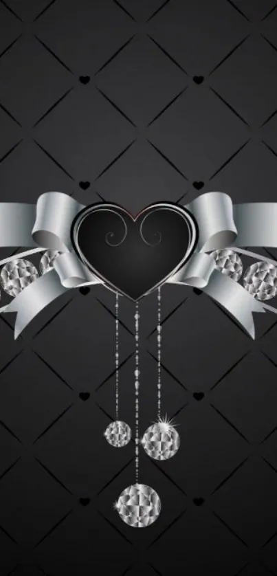 Elegant black wallpaper with heart and silver ribbon design.