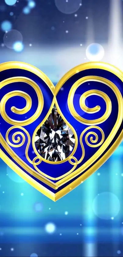 Elegant blue and gold heart with glowing effects.