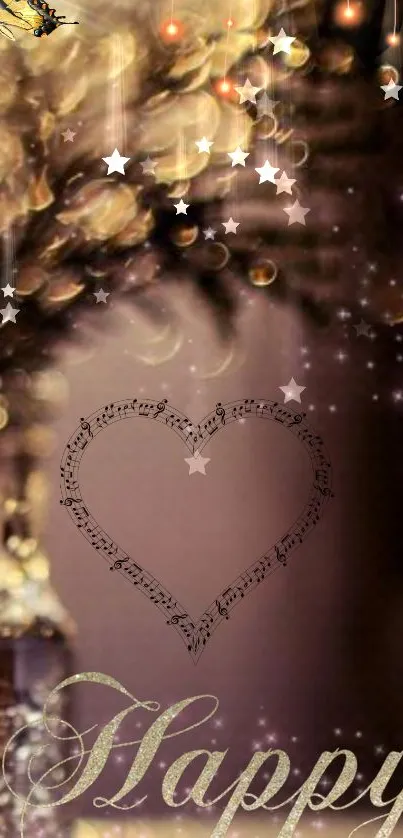 Elegant heart bokeh wallpaper with warm lights and a musical staff design.