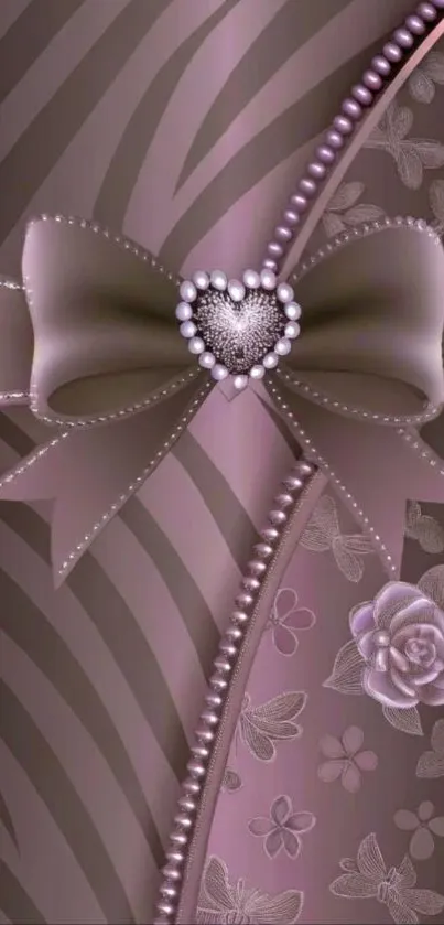 Elegant wallpaper with a heart bow and floral design in purple tones.