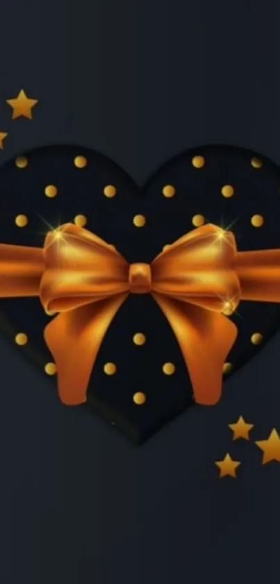 Black heart with golden bow and stars wallpaper.