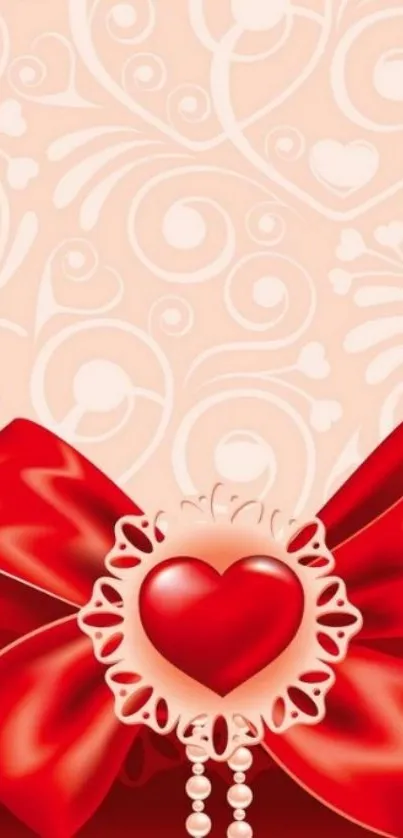 Red heart with decorative bow mobile wallpaper.