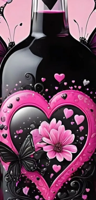 Bottle with heart and butterfly design wallpaper.