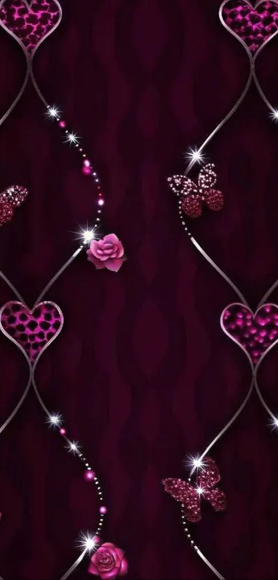 Elegant wallpaper with hearts and butterflies on a burgundy background.