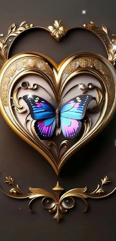 Gold ornate heart with blue butterfly in center.