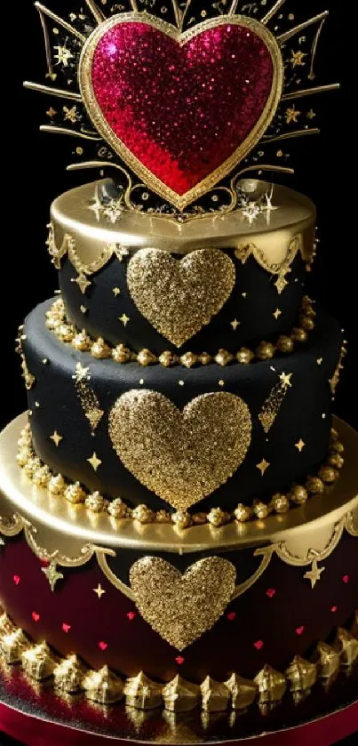 Elegant cake with red and gold heart decorations.