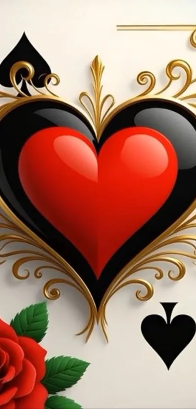 Heart-shaped card art with elegant rose and details.