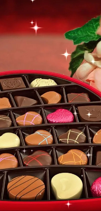 Heart-shaped chocolate box with flowers on red background.