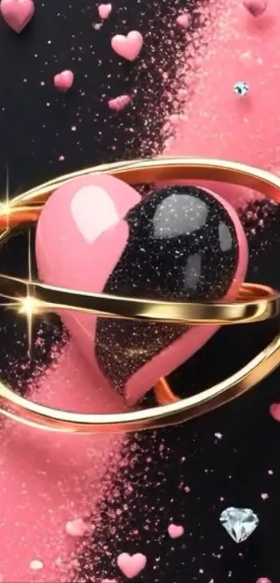 Pink and black heart with gold rings on cosmic background.