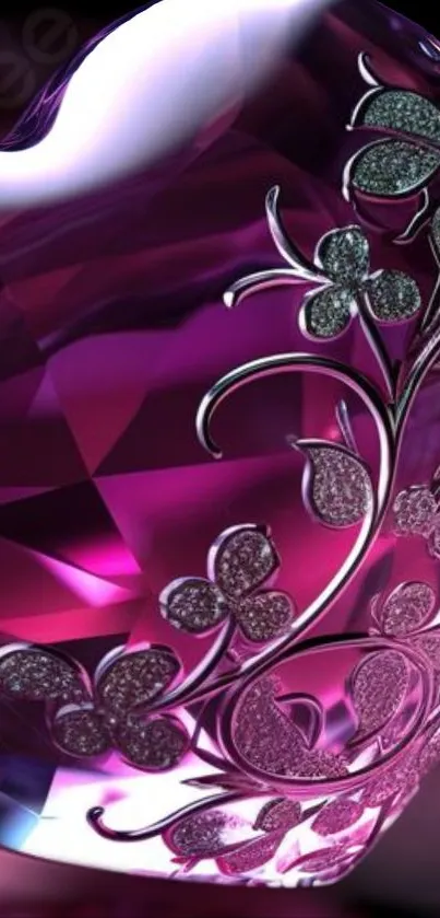 Sparkling crystal heart on purple satin background.