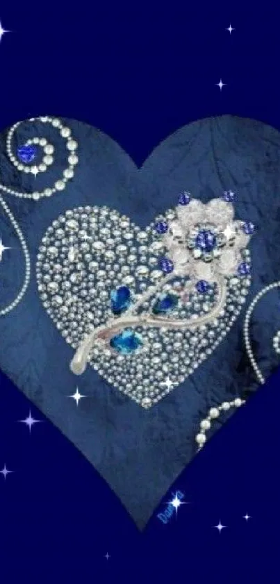 Elegant heart-shaped crystal wallpaper with deep blue color scheme.