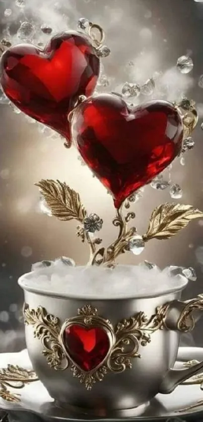 Ornate silver teacup with red heart decorations and crystals.