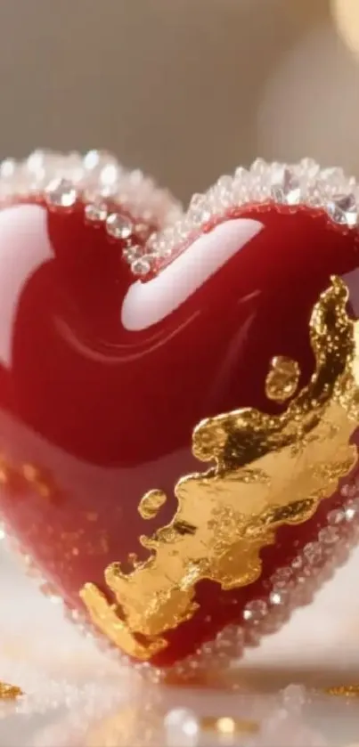 Glossy red heart with gold and crystals.