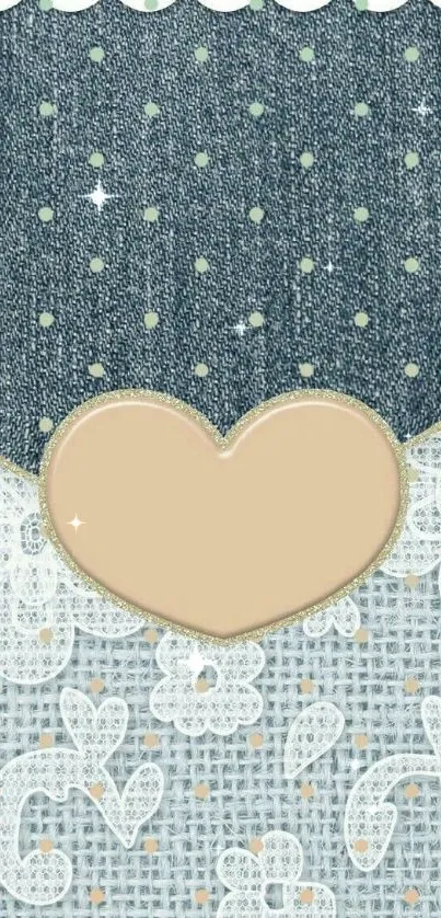 Elegant heart with denim and lace pattern on wallpaper.