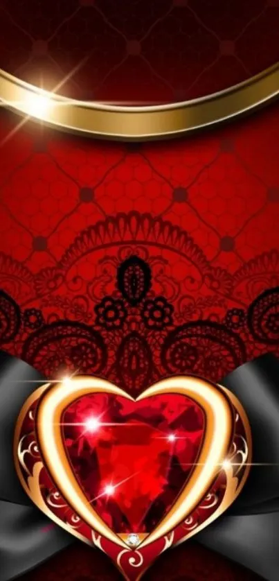 Luxurious red heart with gold ornate design on mobile wallpaper.