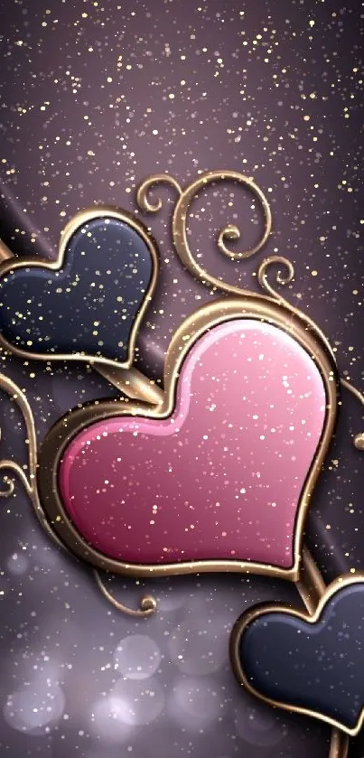 Elegant heart-themed wallpaper with pink and dark hues.