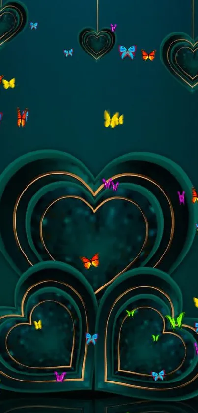 Teal layered hearts with gold accents.