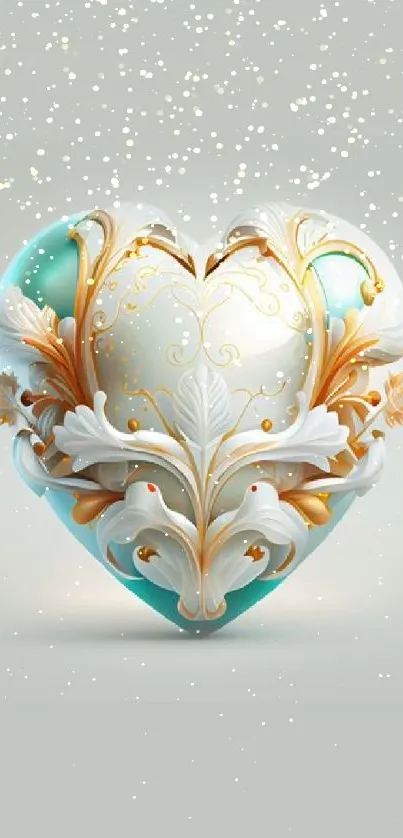 Elegant baroque heart design on teal background.