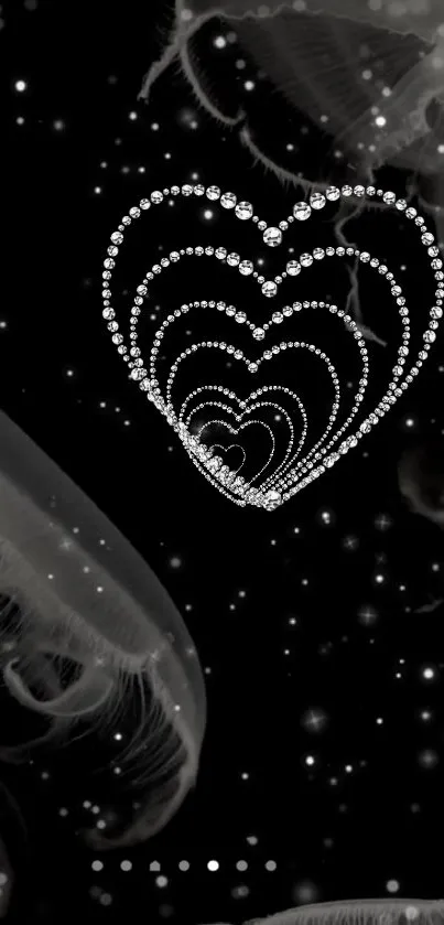 Elegant wallpaper with sparkling heart and jellyfish on black background.