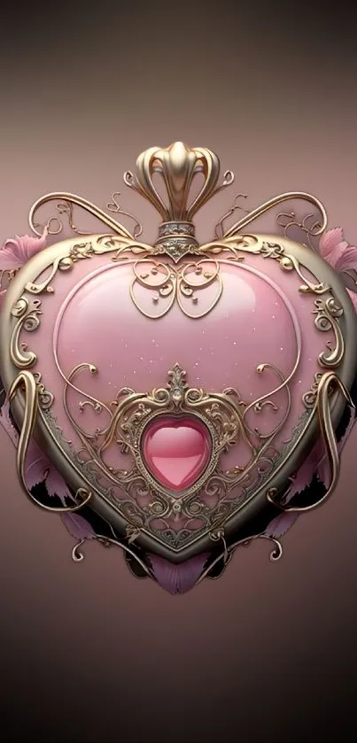 Elegant heart with gold and floral accents on a pink background.