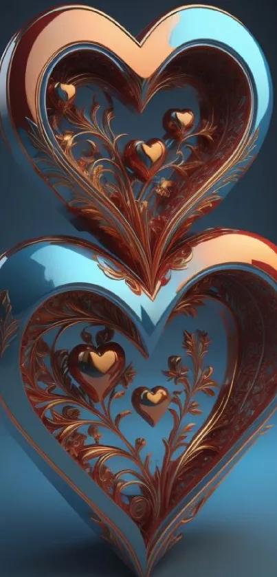 Intricate copper and blue heart design wallpaper