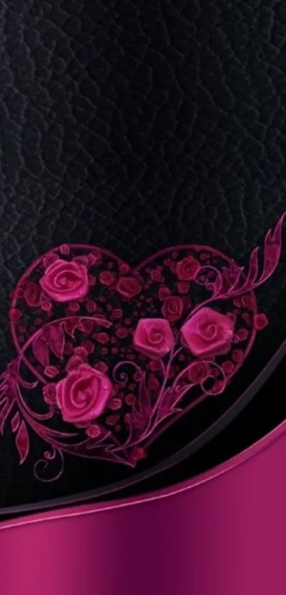 Elegant pink floral heart on black leather wallpaper.