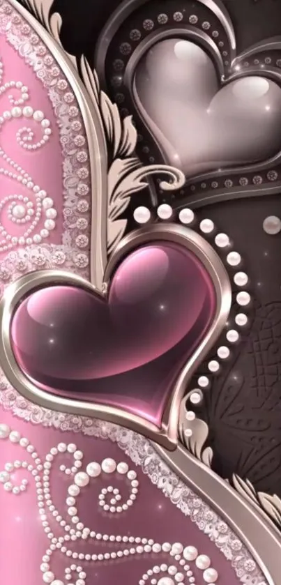 Elegant heart design with pearls and swirls in pink and black tones.