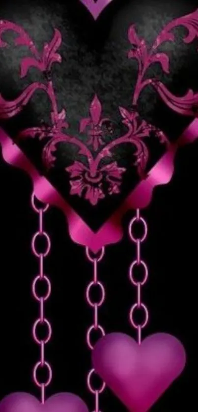 Purple heart design on black background with chains.