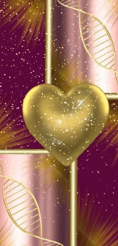 Mobile wallpaper with golden heart and maroon background.