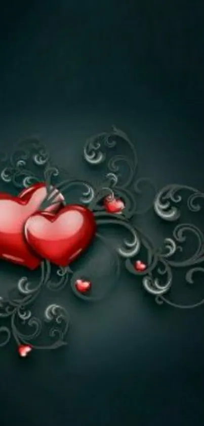 Elegant dark wallpaper with red hearts and scroll designs.