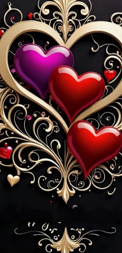 Elegant wallpaper with hearts and gold details.