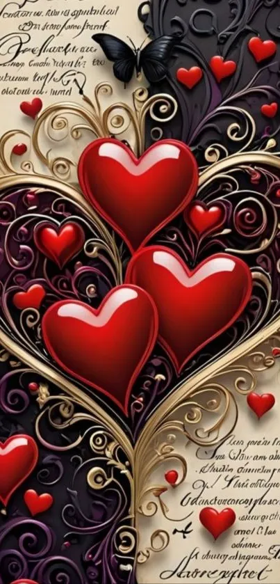 Elegant mobile wallpaper with hearts and swirls.