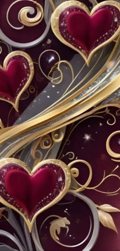 Decorative wallpaper with gold and burgundy hearts.