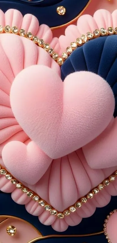 Plush pink and blue heart wallpaper with gem accents.