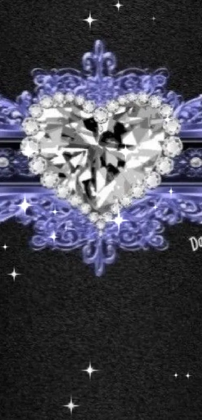 Elegant heart-shaped diamond on black background with purple accents.