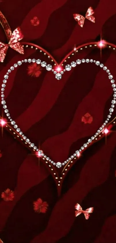 Diamond heart with butterflies on red background wallpaper.