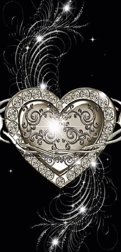 Elegant heart with diamonds and silver design on a black background.