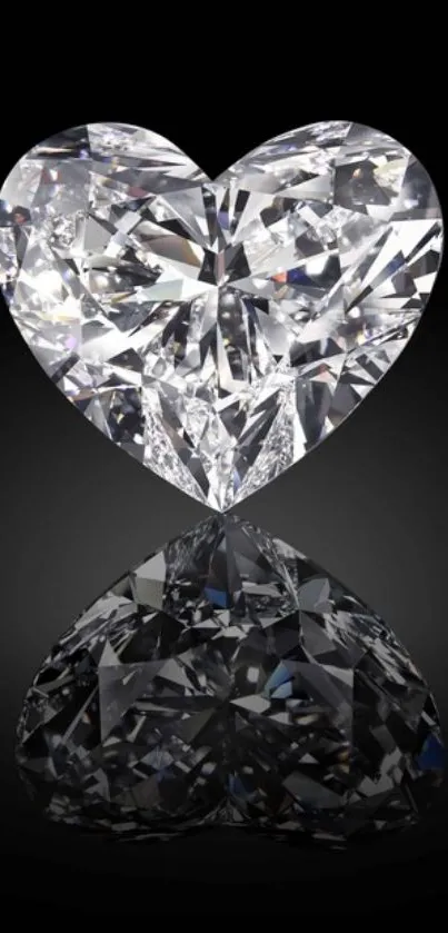 Heart-shaped diamond with reflection on black background.