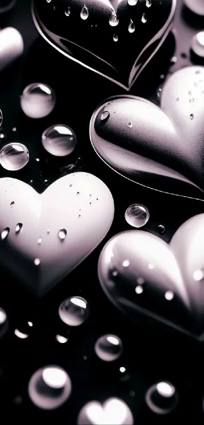 Silver heart shapes with water drops on black background.