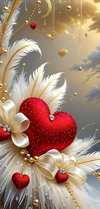 Elegant feather and heart art with gold accents.
