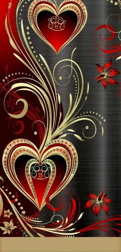 Elegant heart-shaped floral design with red and gold colors on mobile wallpaper.