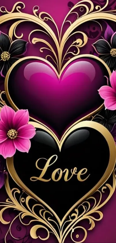 Romantic heart and floral mobile wallpaper design in violet and gold.