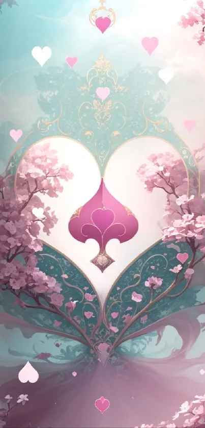 Elegant heart and floral mobile wallpaper with cherry blossoms.