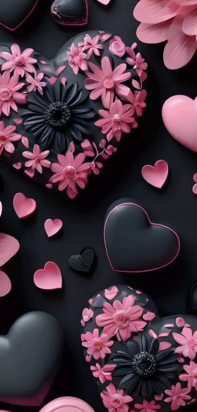 Elegant mobile wallpaper with pink and black heart floral design.