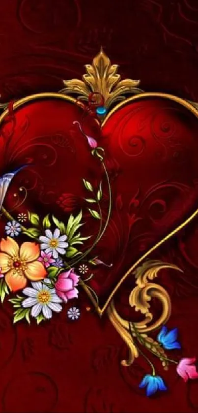 Intricate heart with flowers and butterflies on dark red background.