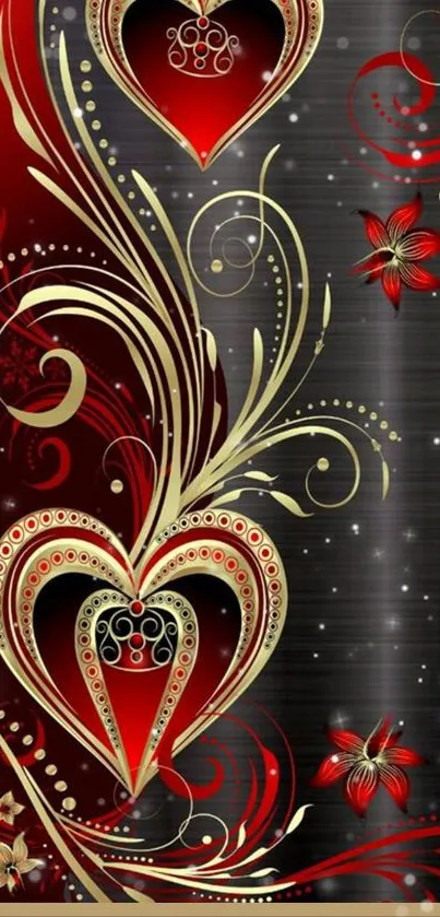 Elegant heart and floral wallpaper design in red and gold