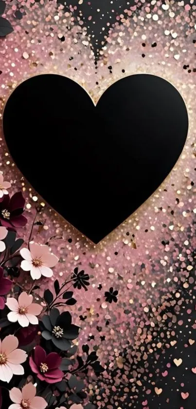Black heart with floral glitter design wallpaper.